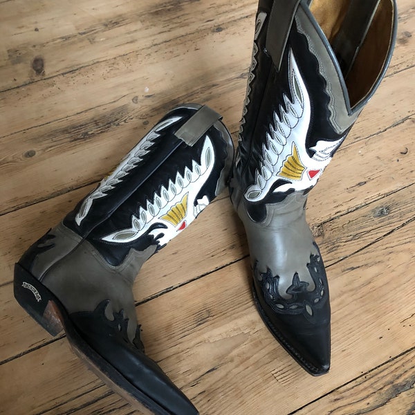 vintage Sendra cowboy boots UK4 US5 EU38 western 90s leather colorful unique eagle details black gray yellow unisex heart