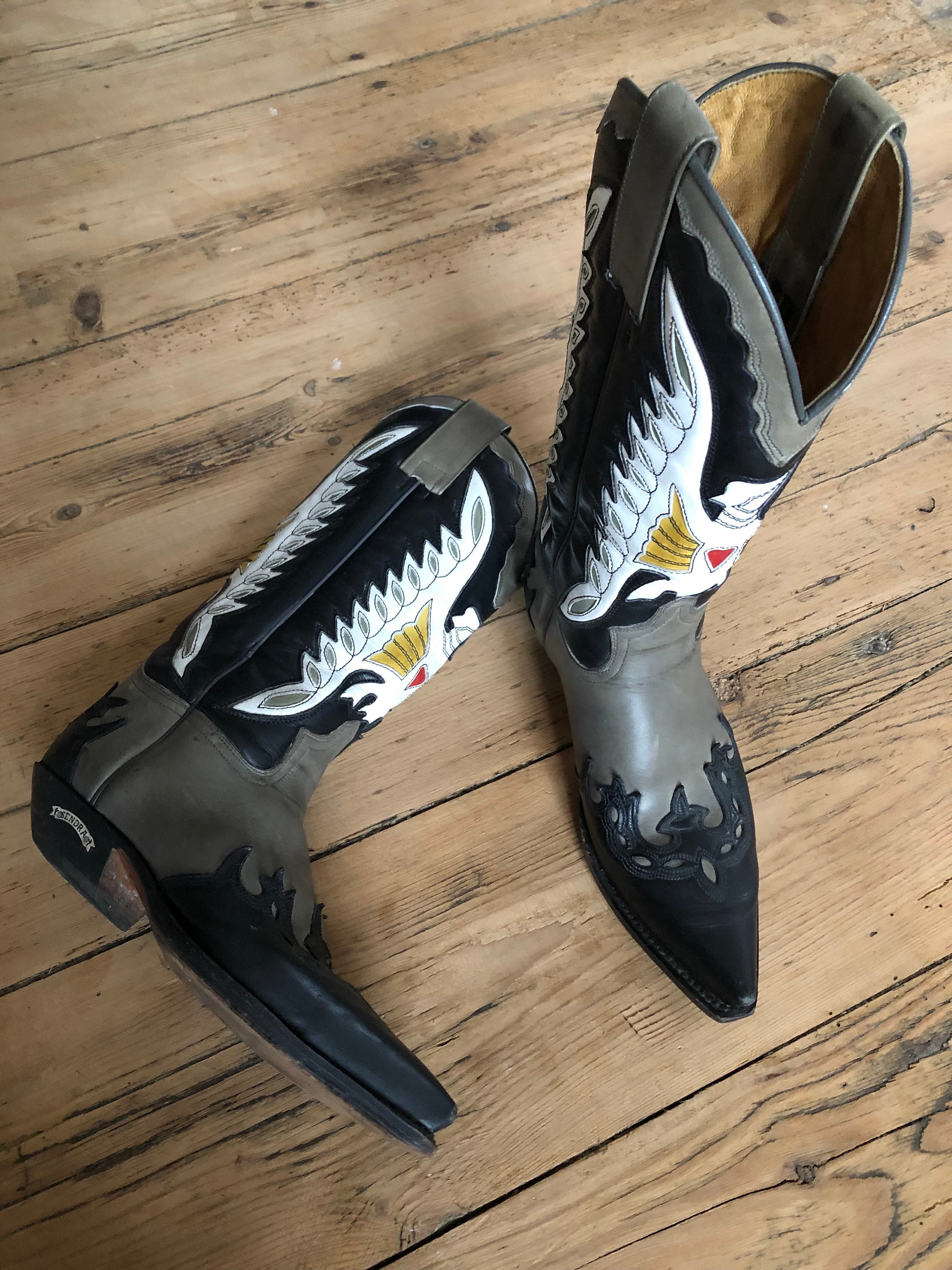Vintage Sendra Cowboy Boots UK4 US5 EU38 Western 90s Leather Colorful Unique Eagle Details Black Gray Yellow Unisex Heart Etsy