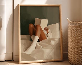 Woman Reading in Bed Poster, Book Lover Wall Art Print, Reading Book Library Decor, Whimsical Retro Girly Poster, Cozy Bedroom Art, Digital