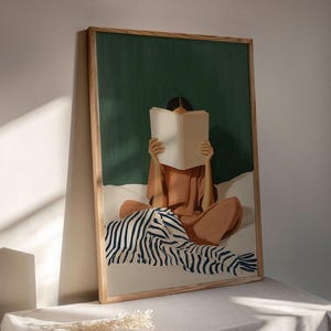 Woman Reading in Bed Poster, Book Lover Wall Art Print, Reading Book Library Decor, Whimsical Retro Girly Poster, Cozy Bedroom Art, Digital