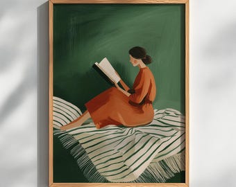 Póster de mujer leyendo en la cama, estampado abstracto de rayas verdes, estampado naranja de amante de los libros, arte contemporáneo, decoración moderna imprimible