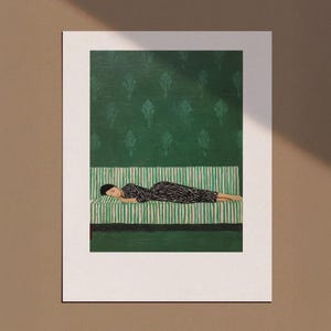 Green Woman Sleeping Print, Sage Green Wall Art, Vintage Abstract Painting, Living Room Decor Aesthetic, Trendy Wall Art, Printable Art