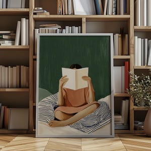Woman Reading in Bed Poster, Book Lover Wall Art Print, Reading Book Library Decor, Whimsical Retro Girly Poster, Cozy Bedroom Art, Digital