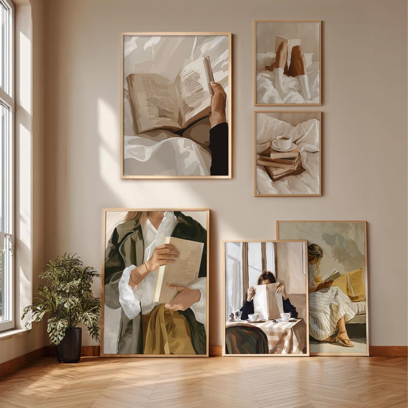 May include: A collection of framed art prints featuring scenes of reading. The artwork depicts people reading books in various settings, including a bed, a table, and outdoors. The color palette is soft, with neutral tones and warm accents.