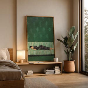 Sleeping Woman Wall Art, Cozy Minimalist Illustration with Striped Blanket, Calm and Relaxing Home Decor, Modern Digital Download Print