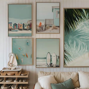 Tiny People Swimming in Ocean Print, Minimalist Printable Wall Set, Surfing in Ocean Poster, Mini People Coastal Art, Beach Summer Poster
