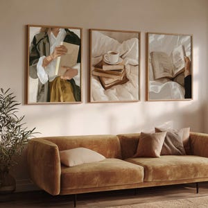 Set of 6 Cozy Wall Art, Woman Reading Print, Library Decor, Retro Reading Poster, Book Lovers Wall Art, Trendy Pastel Woman Book Print image 10