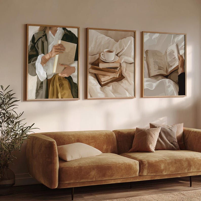 Set of 6 Cozy Wall Art, Woman Reading Print, Library Decor, Retro Reading Poster, Book Lovers Wall Art, Trendy Pastel Woman Book Print image 10