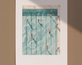 People Swimming in Pool Printable Wall Art, Minimalist Tiny Swimmers Poster, Summer Poster, Gift Swimmer, Bathroom Decor, Digital Download