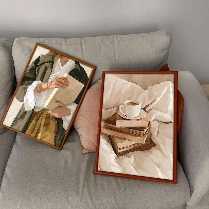 Set of 6 Cozy Wall Art, Woman Reading Print, Library Decor, Retro Reading Poster, Book Lovers Wall Art, Trendy Pastel Woman Book Print image 17