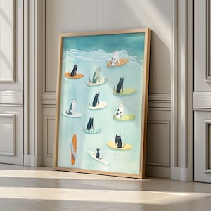 Cats Surfing Print, Surf Wall Art, Cat Lover Gifts, Bedroom Prints, Bathroom Decor, Funny Cat Surfing Illustration, Beach Wall Art Poster