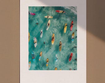 Tiny People Swimming in Ocean Print, Minimalist Printable Wall Art, Surfing in Ocean Poster, Mini People Coastal Art, Beach Summer Poster