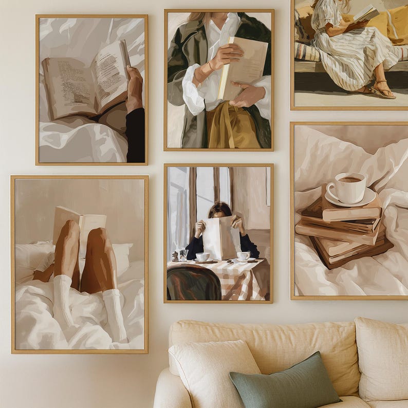 May include: A collection of framed art prints depicting scenes of reading. The images feature people reading books in various settings, including a bed, a cafe, and outdoors. The color palette is soft, with warm tones and a focus on natural light.