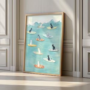 Cats Surfing Print, Surf Wall Art, Cat Lover Gifts, Bedroom Prints, Bathroom Decor, Funny Cat Surfing Illustration, Beach Wall Art Poster