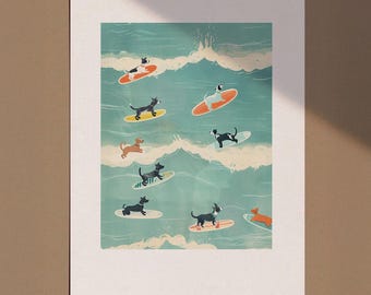 Hunde Surfen Druck, Surf Wandkunst, Hunde Liebhaber Geschenke, Schlafzimmer Drucke, Badezimmer Dekor, Lustiger Hund Surfen Illustration, Strand Wandkunst