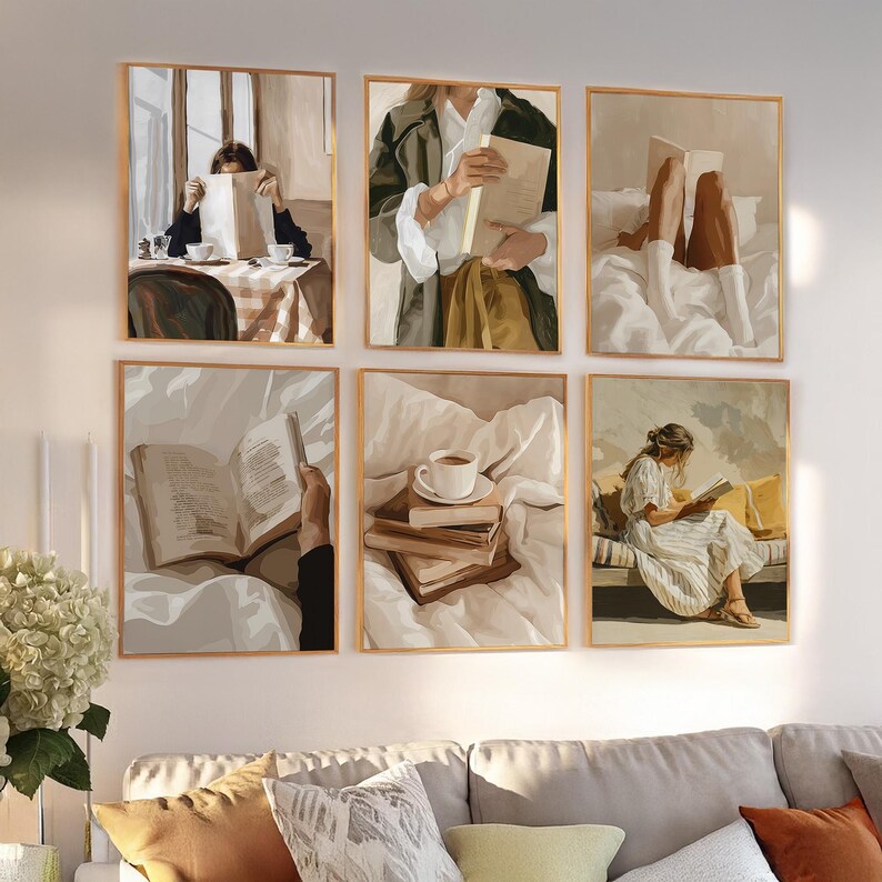 Set of 6 Cozy Wall Art, Woman Reading Print, Library Decor, Retro Reading Poster, Book Lovers Wall Art, Trendy Pastel Woman Book Print image 16