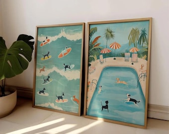 Hunde Surfen Set Print, Surf Wandkunst, Hunde Liebhaber Geschenke, Schlafzimmer Drucke, Badezimmer Dekor, Lustiger Hund Surfen Illustration, Strand Kunst Wand