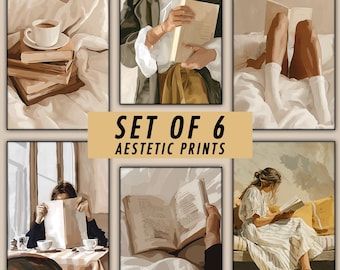 Set of 6 Cozy Wall Art, Woman Reading Print, Library Decor, Retro Reading Poster, Book Lovers Wall Art, Trendy Pastel Woman Book Print