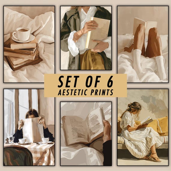 Set of 6 Cozy Wall Art, Woman Reading Print, Library Decor, Retro Reading Poster, Book Lovers Wall Art, Trendy Pastel Woman Book Print