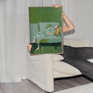 Green Woman Sleeping Print, Sage Green Wall Art, Vintage Abstract Painting, Living Room Decor Aesthetic, Trendy Wall Art, Printable Art