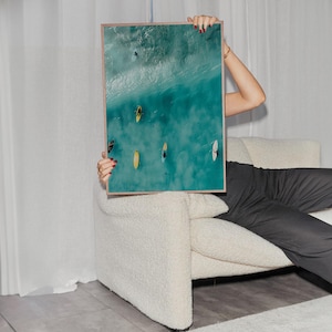 Tiny People Swimming in Ocean Print, Minimalist Printable Wall Art, Surfing in Ocean Poster, Mini People Coastal Art, Beach Summer Poster