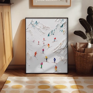 Tiny People Skiing in Snowy Mountains, Winter Poster, Acrylic Ski Print, Minimalist Printable Wall Art, Digital Abstract Landscape Painting