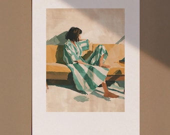 Emerald Green Abstract Woman Wall Art, Contemporary Artwork, Minimalist Print, Living Room Poster, Stripe Woman Sleeping, Digital Download