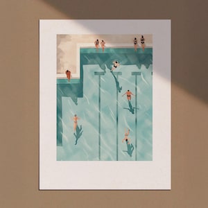Tiny Swimmers in Pool Print, Cute Summer Poster, Vertical Swimming Pool Print, Minimalist Wall Art, Beach House Decor, Digital Download