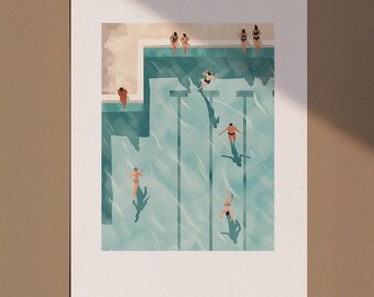 Tiny Swimmers Pool Print: Minimalist Summer Wall Art (Digital Download)