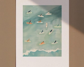 Hunde Surfen Druck, Surf Wandkunst, Hunde Liebhaber Geschenke, Schlafzimmer Drucke, Badezimmer Dekor, Lustiger Hund Surfen Illustration, Strand Kunst Wand