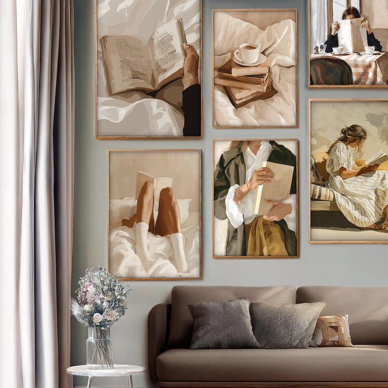 Set of 6 Cozy Wall Art, Woman Reading Print, Library Decor, Retro Reading Poster, Book Lovers Wall Art, Trendy Pastel Woman Book Print image 13