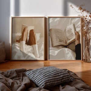 Set of 6 Cozy Wall Art, Woman Reading Print, Library Decor, Retro Reading Poster, Book Lovers Wall Art, Trendy Pastel Woman Book Print image 11