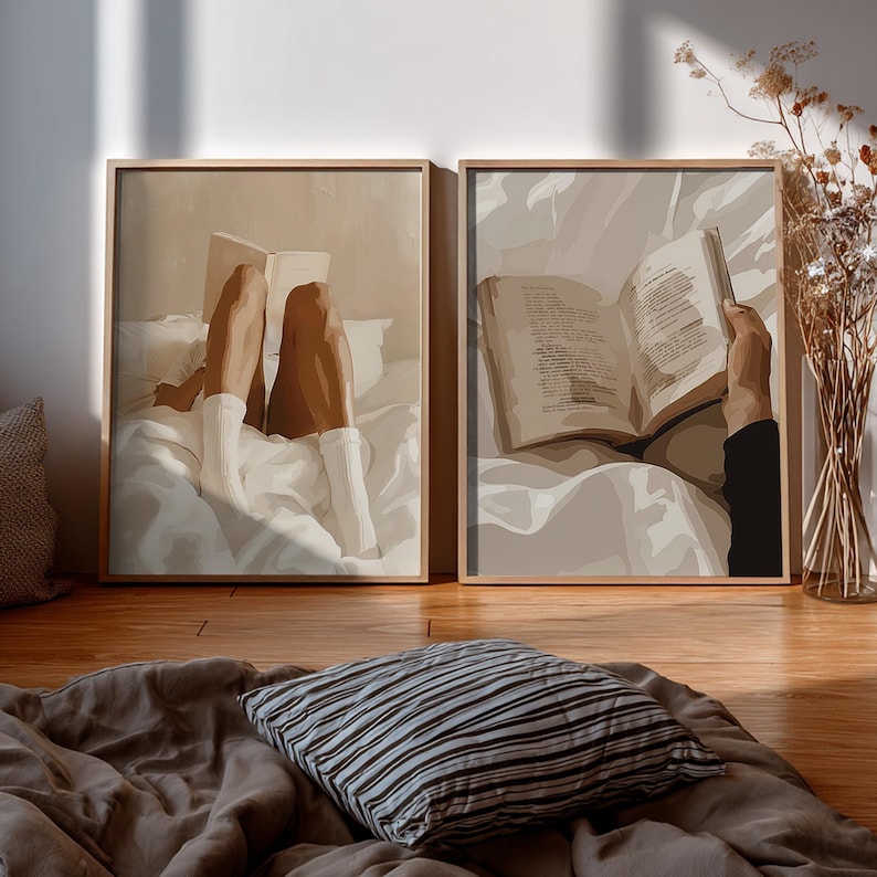 Set of 6 Cozy Wall Art, Woman Reading Print, Library Decor, Retro Reading Poster, Book Lovers Wall Art, Trendy Pastel Woman Book Print image 11