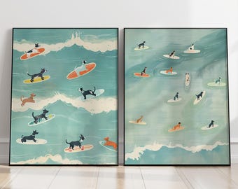 Hunde Surfen Set Print, Surf Wandkunst, Hunde Liebhaber Geschenke, Schlafzimmer Drucke, Badezimmer Dekor, Lustiger Hund Surfen Illustration, Strand Kunst Wand