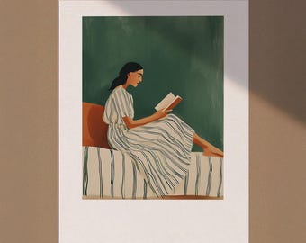 Woman Reading Wall Art, Emerald Green Female Abstract Print, Book Lover Art, Trendy Reading Poster, Contemporary Art, Modern Printable Decor