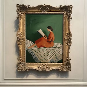 Woman Reading in Bed Poster, Book Lover Wall Art Print, Reading Book Library Decor, Whimsical Retro Girly Poster, Cozy Bedroom Art, Digital