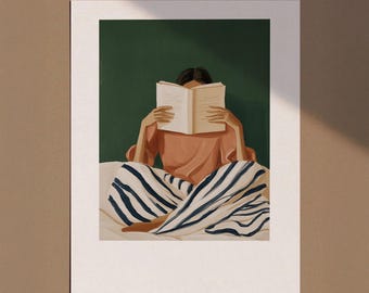 Woman Reading in Bed Poster, Book Lover Wall Art Print, Reading Book Library Decor, Whimsical Retro Girly Poster, Cozy Bedroom Art, Digital