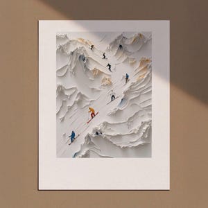 Tiny People Wall Art, Skiing Snowboarding Print, Ski Gift, Abstract People In Mountain Winter Poster, Minimal Landscape Vintage Ski Print