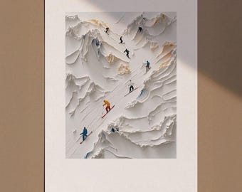 Tiny People Wall Art, Skiing Snowboarding Print, Ski Gift, Abstract People In Mountain Winter Poster, Minimal Landscape Vintage Ski Print