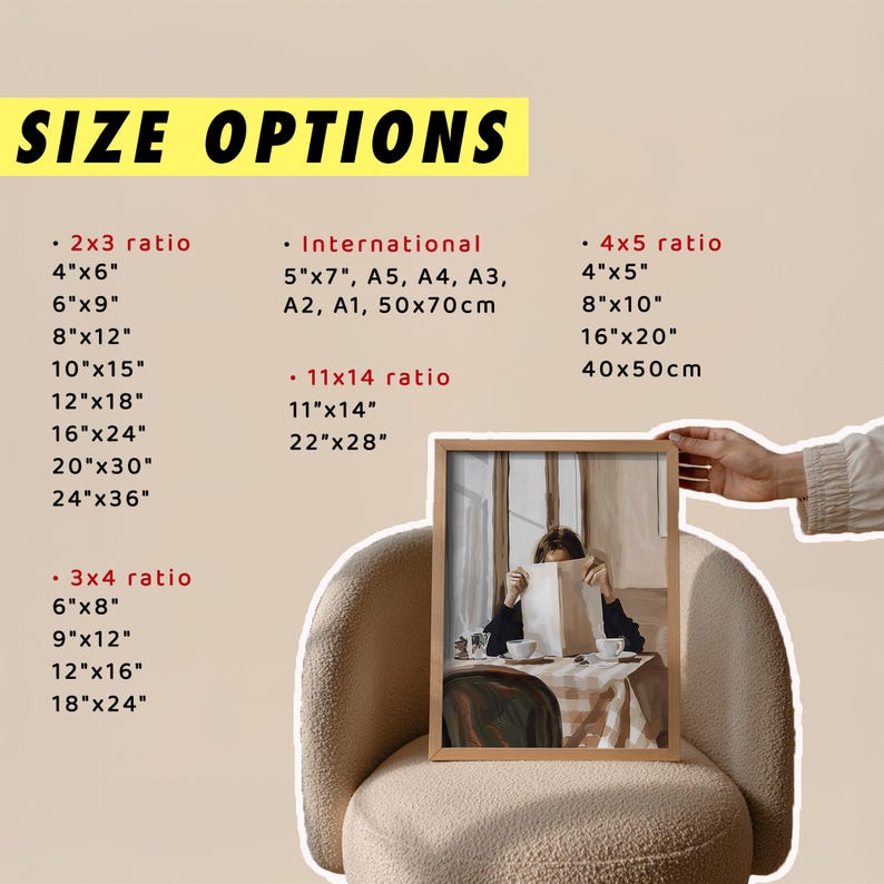 May include: A framed art print featuring a person reading at a table, with a neutral color palette. The print is displayed on a cream-colored chair. Text on the image reads "SIZE OPTIONS" with various size ratios and dimensions.