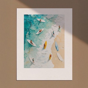 Tiny People Swimming in Ocean Print, Minimalist Printable Wall Art, Surfing in Ocean Poster, Mini People Coastal Art, Beach Summer Poster