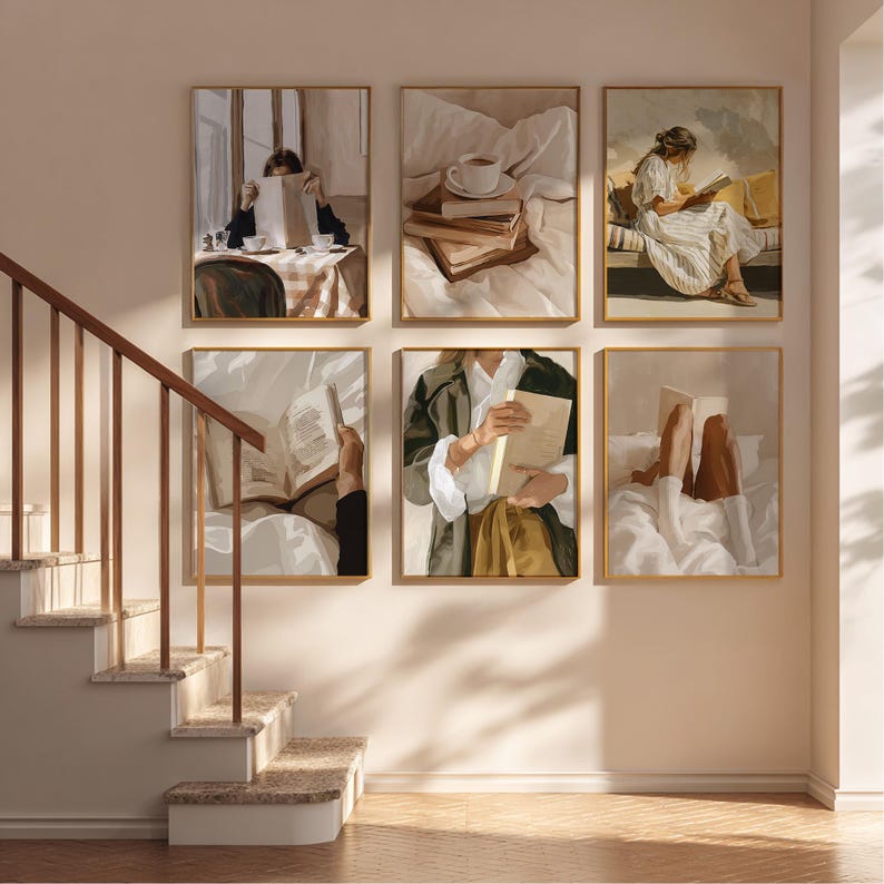 Set di 6 stampe da parete accoglienti, con donna che legge, ideali per la biblioteca, poster retrò a tema lettura, stampe per amanti dei libri, stampe di tendenza con donna che legge in colori pastello. immagine 17