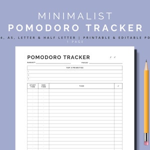 May include: A black and white printable Pomodoro Tracker with sections for subject, focus, top 3 priorities, start time, end time, and task. The tracker is designed for use with a pencil.