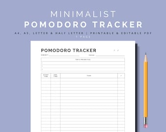 Minimalist Pomodoro Tracker | Printable + PDF Fillable | Time Management Template | Productivity Organizer | Work + Study | Digital Download