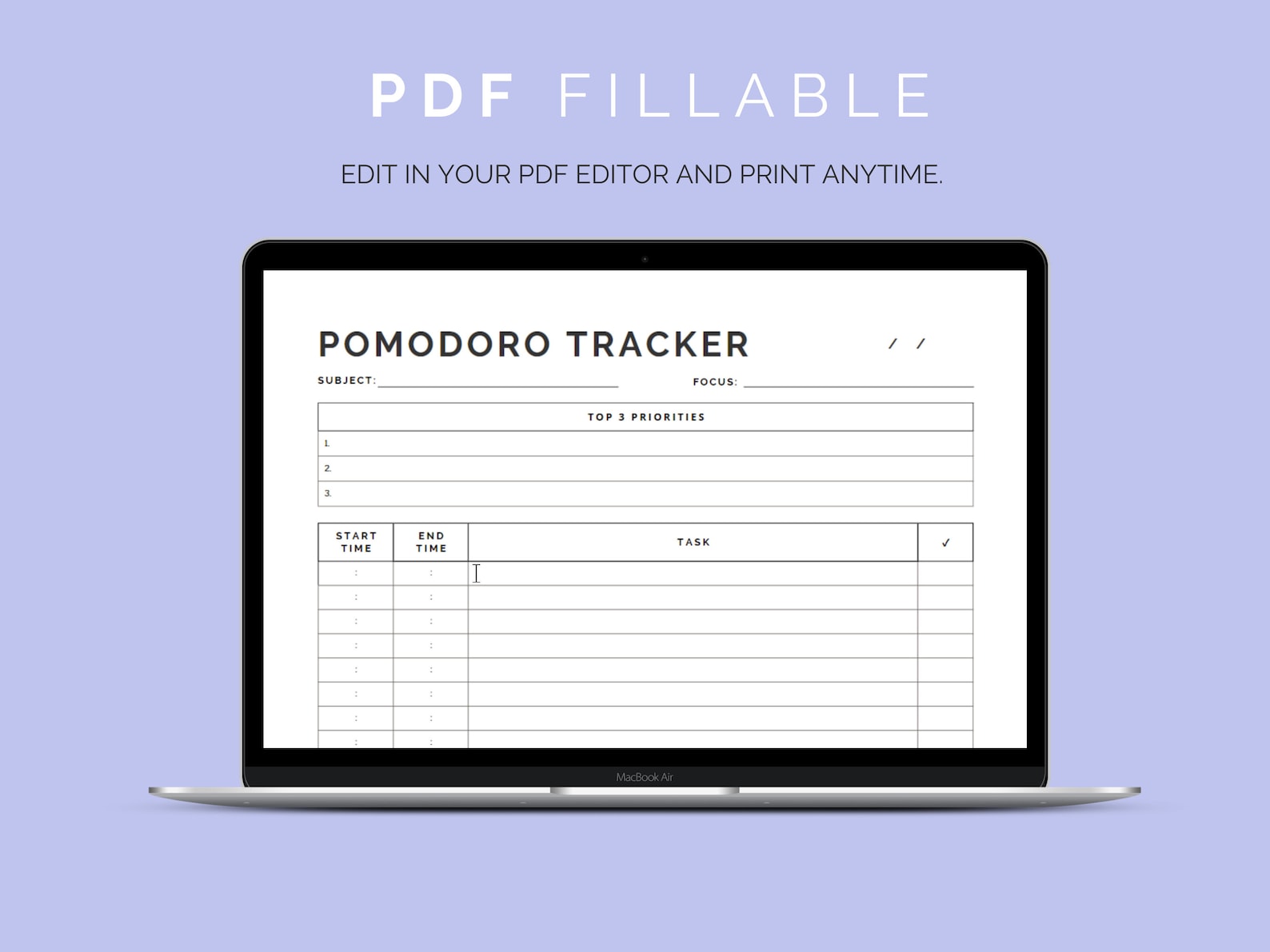 Minimalist Pomodoro Tracker | Printable + PDF Fillable | Time ...