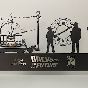Può includere: Scultura in metallo nero della DeLorean, la macchina del tempo del film Ritorno al futuro. La scultura include l'iconica torre dell'orologio, Doc Brown e Marty McFly. La base della scultura riporta le scritte "1,21 Gigawatt Ritorno al futuro" e "Condensatore di flusso".