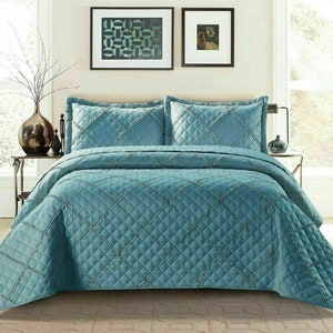 Couvre-lit matelassé en relief à carreaux de tombola, couvre-lit avec 2 taies d'oreiller, 3 pièces Bleu
