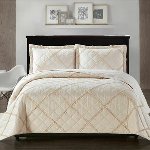 Couvre-lit matelassé en relief à carreaux de tombola, couvre-lit avec 2 taies d'oreiller, 3 pièces Beige