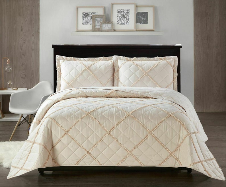 Couvre-lit matelassé en relief à carreaux de tombola, couvre-lit avec 2 taies d'oreiller, 3 pièces Beige
