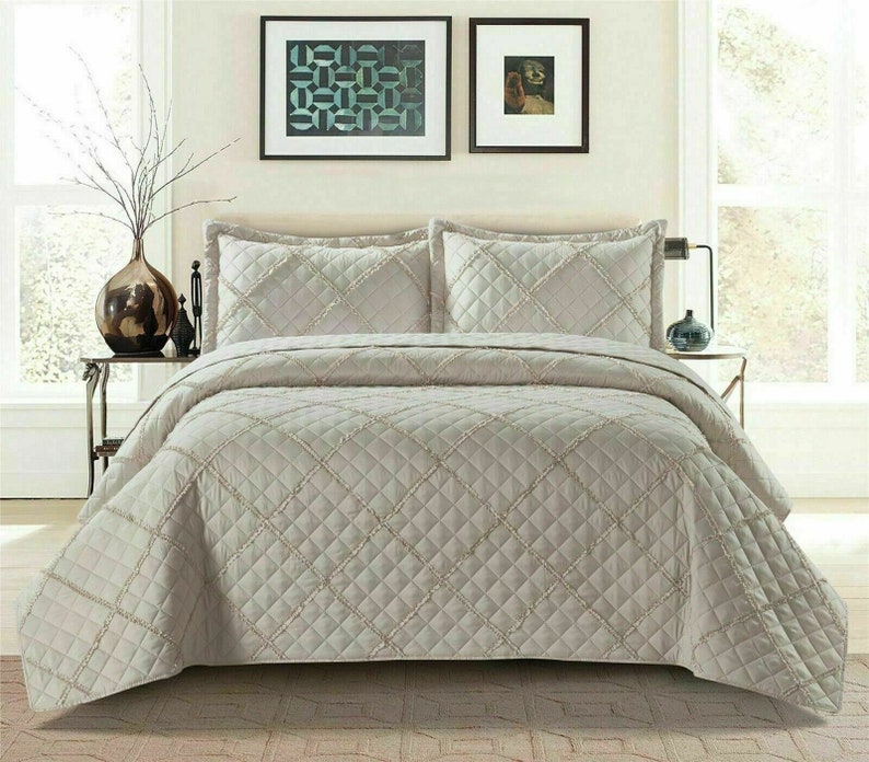 Couvre-lit matelassé en relief à carreaux de tombola, couvre-lit avec 2 taies d'oreiller, 3 pièces Mink